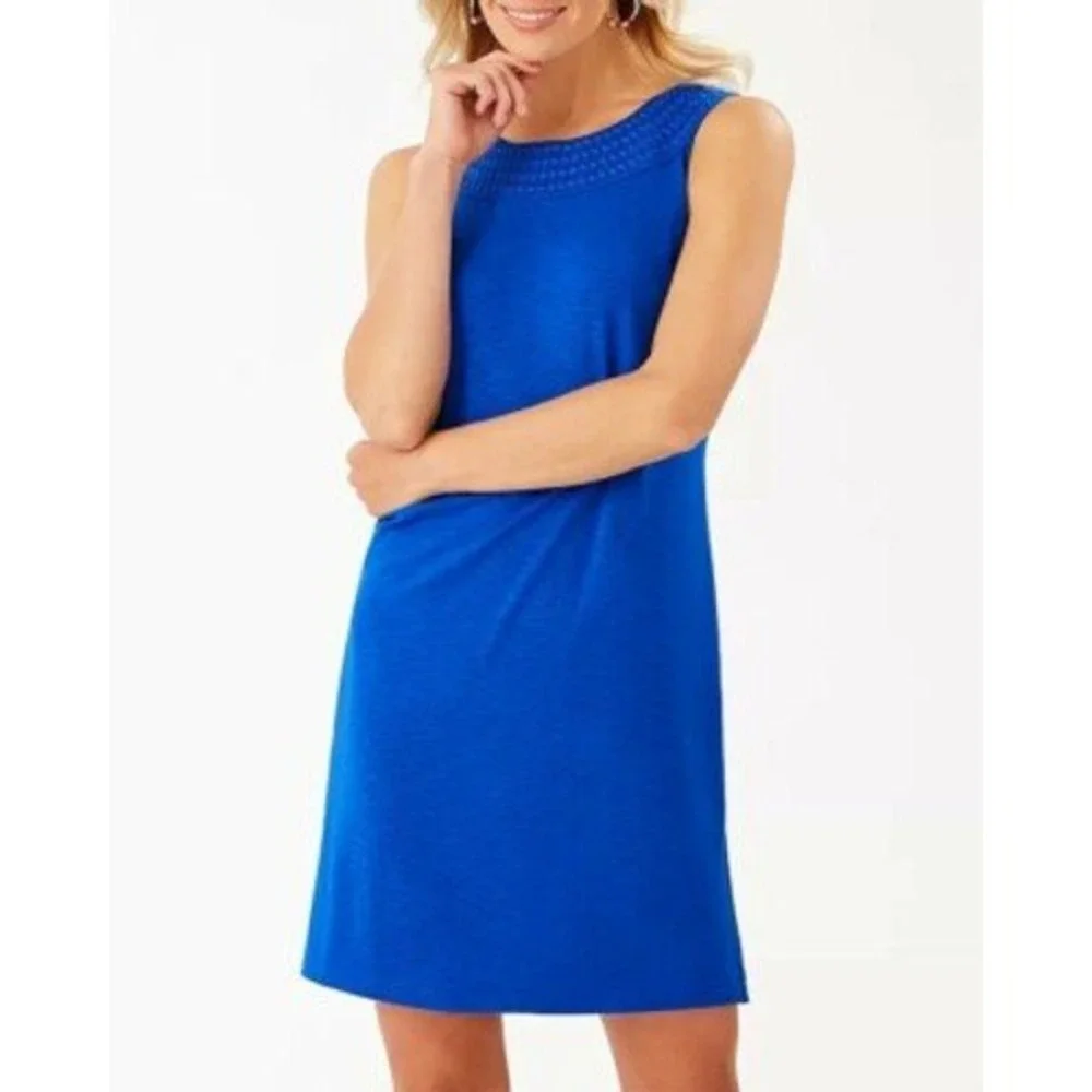 Tommy Bahama M Dress Blue Sleeveless Pearl Embroidered Shift Dress Coastal Beach